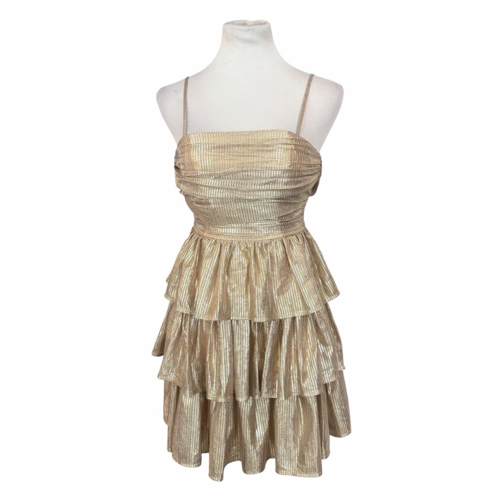 NWT Layered With Love Gold Metallic Tiered Ruffle Midi Dress - Size XS - Picture 2 of 15